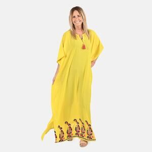 NWT Tamsy Yellow Notch Neck Embroidered Long Maxi Kaftan with Tassels Women OS